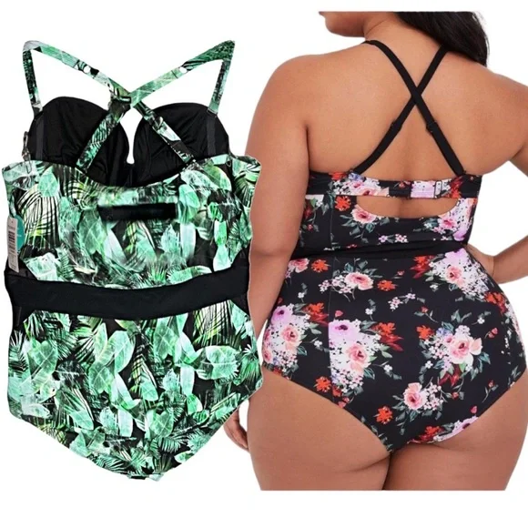 TORRID One Piece Push Up Padded Cut-Out Mesh Green Palm Print Swimsuit N… - Picture 2 of 4